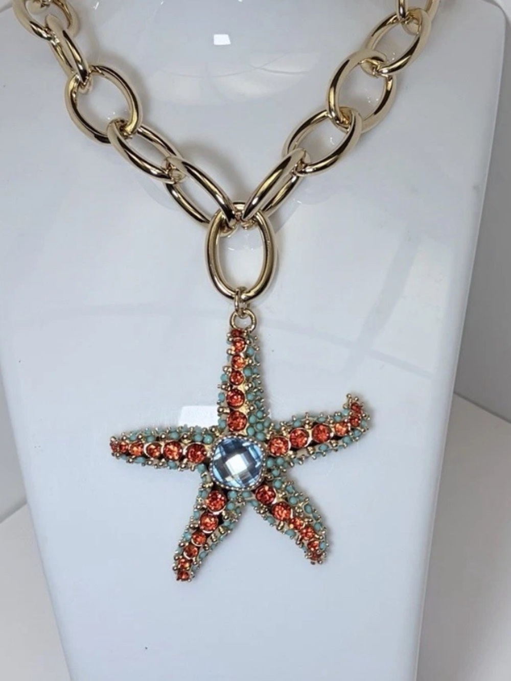 Betsey Johnson Gold-Tone Chain Necklace with Orange & Aqua Starfish Pendant - Picture 16 of 16